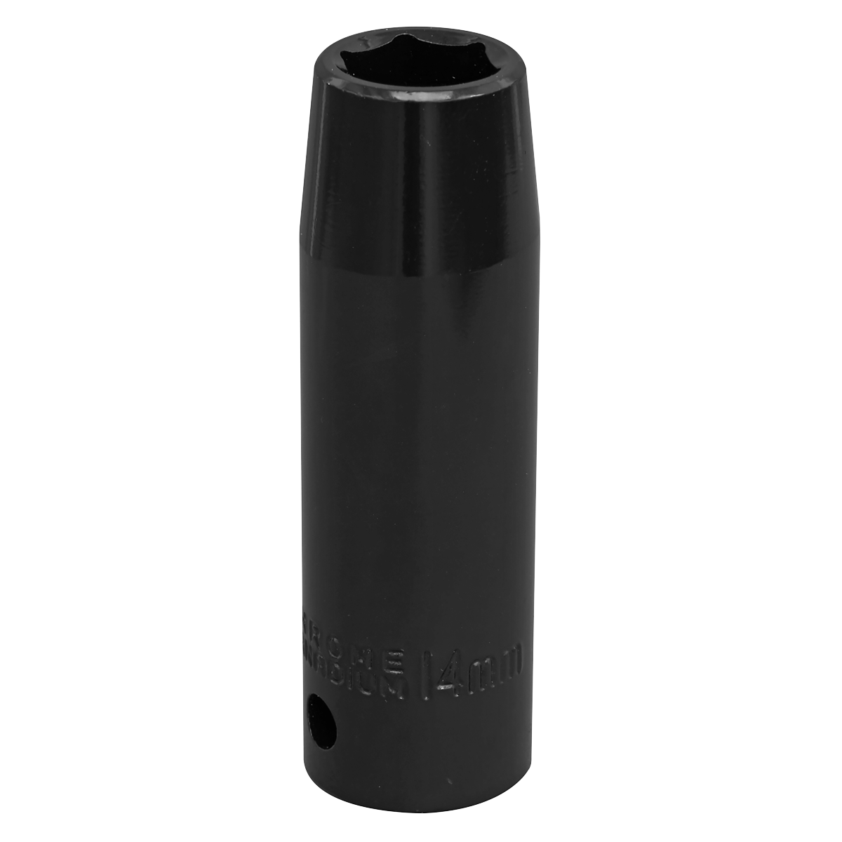 A black impact socket with a six-point design and a 14mm size marking, crafted from durable Chrome Vanadium by Sealey, model Impact Socket 14mm Deep 1/2"Sq Drive - IS1214D.