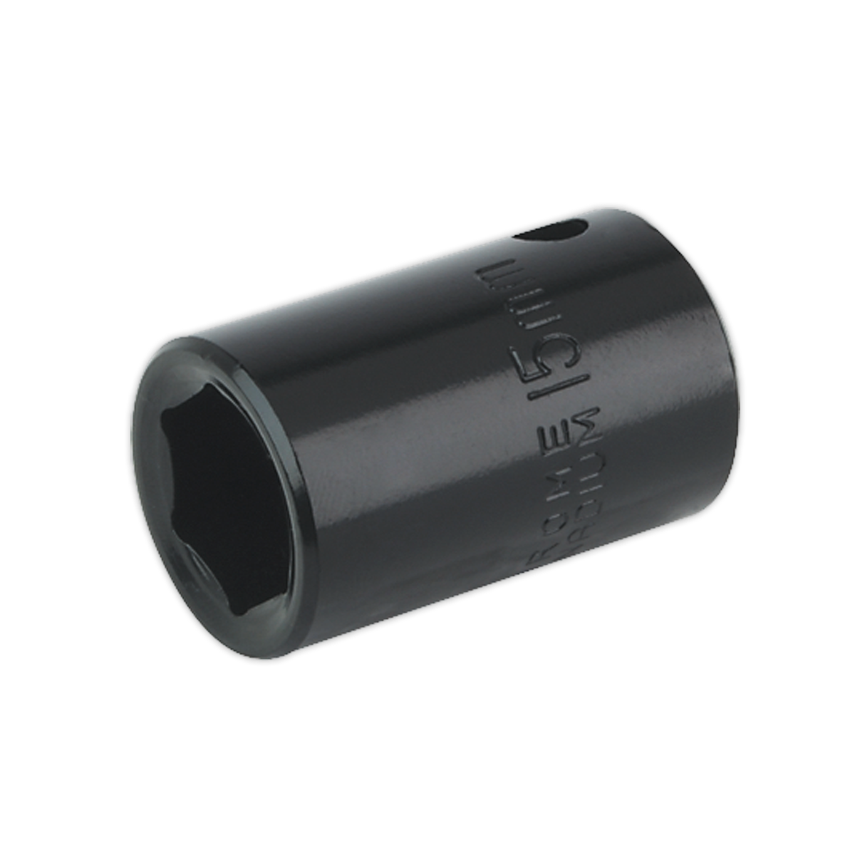 The Sealey Impact Socket 15mm 1/2"Sq Drive - IS1215, a black tool with a hexagonal opening designed for tightening or loosening nuts and bolts, is ideal for use with air impact wrenches.