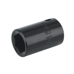 The Sealey Impact Socket 15mm 1/2"Sq Drive - IS1215, a black tool with a hexagonal opening designed for tightening or loosening nuts and bolts, is ideal for use with air impact wrenches.