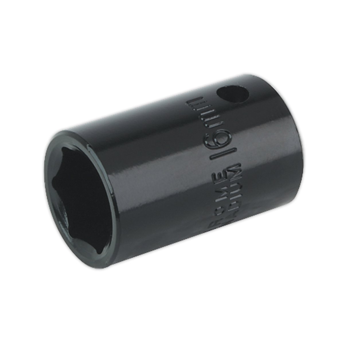 A Sealey Impact Socket 16mm 1/2"Sq Drive - IS1216, featuring a sleek, cylindrical design with an attachment hole near the top and crafted from durable Chrome Vanadium.