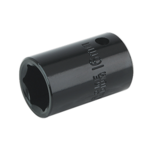 A Sealey Impact Socket 16mm 1/2"Sq Drive - IS1216, featuring a sleek, cylindrical design with an attachment hole near the top and crafted from durable Chrome Vanadium.