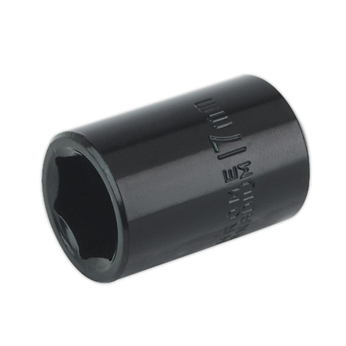 Introducing the Sealey Impact Socket 17mm 1/2"Sq Drive - IS1217, a black deep well tool featuring a hexagonal opening designed for use with air impact wrenches.