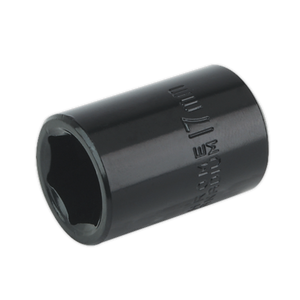 Introducing the Sealey Impact Socket 17mm 1/2"Sq Drive - IS1217, a black deep well tool featuring a hexagonal opening designed for use with air impact wrenches.