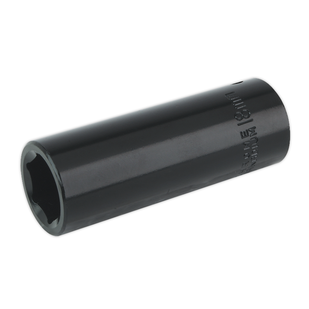 The Sealey Impact Socket 18mm Deep 1/2"Sq Drive - IS1218D is a black, cylindrical socket with a hexagonal opening on one end. The side of this essential hand tool is marked with size specifications, making it perfect for use with air impact wrenches.