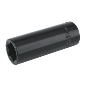 The Sealey Impact Socket 18mm Deep 1/2"Sq Drive - IS1218D is a black, cylindrical socket with a hexagonal opening on one end. The side of this essential hand tool is marked with size specifications, making it perfect for use with air impact wrenches.