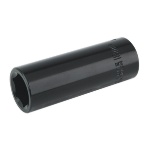 The Sealey Impact Socket 18mm Deep 1/2"Sq Drive - IS1218D is a black, cylindrical socket with a hexagonal opening on one end. The side of this essential hand tool is marked with size specifications, making it perfect for use with air impact wrenches.