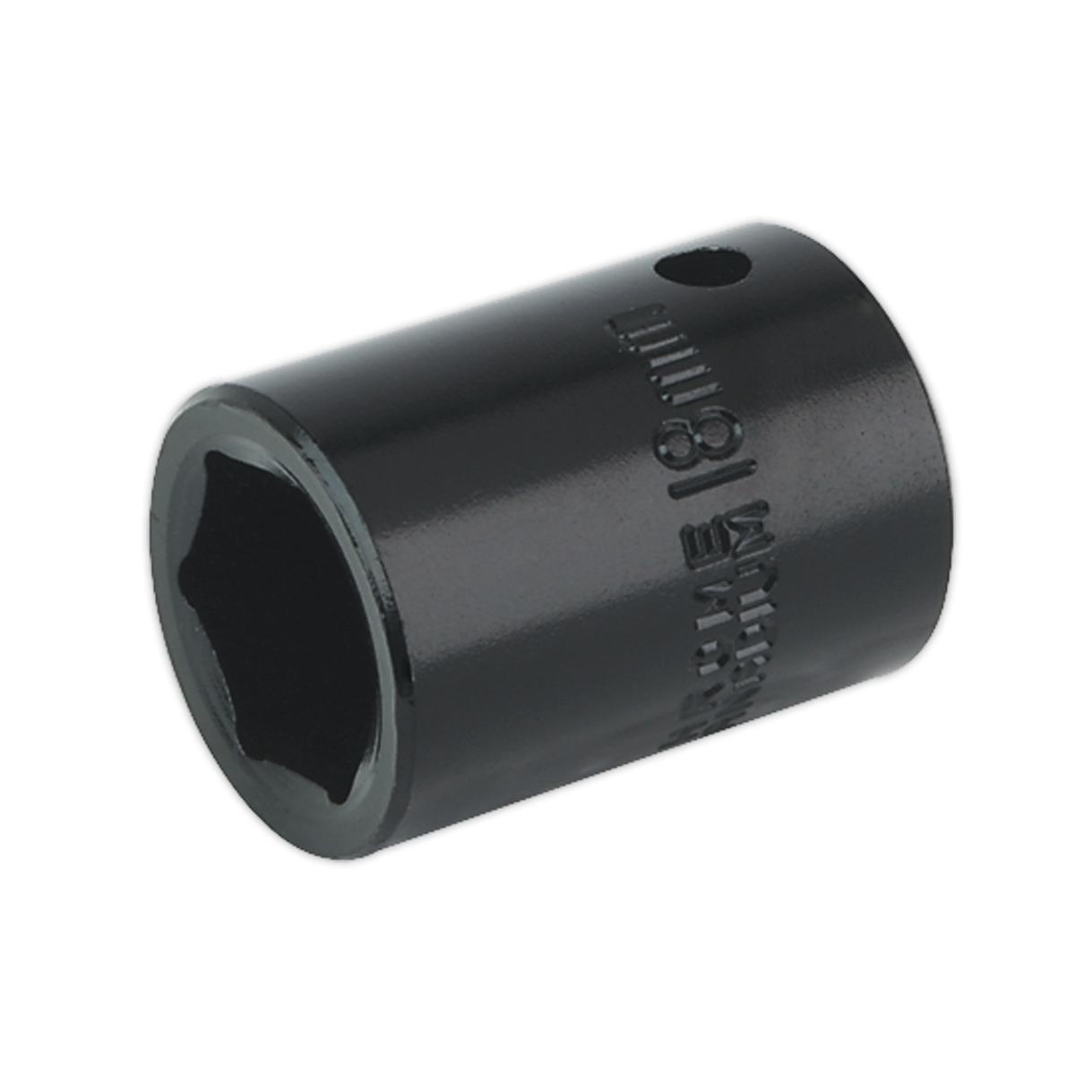 A black Impact Socket 18mm 1/2"Sq Drive (IS1218) by Sealey on a white background, perfect for use with air impact wrenches from Premier Hand Tools.