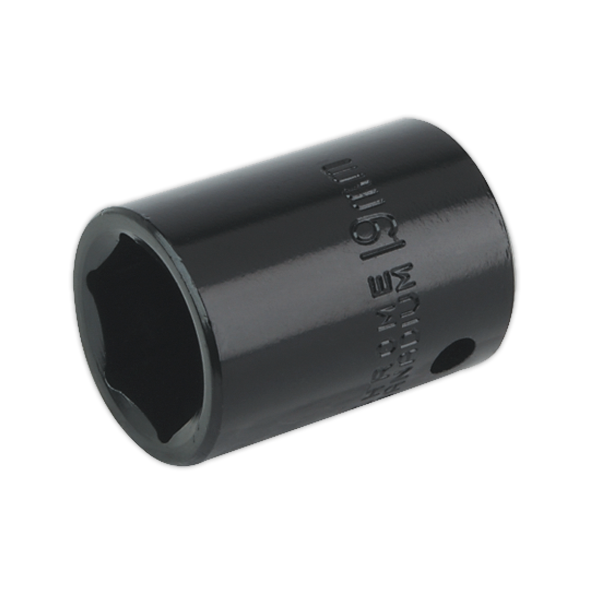 The Sealey Impact Socket 19mm 1/2" Sq Drive (IS1219) is a dark-colored, cylindrical tool with engraved size marking, ideal for use with air impact wrenches.