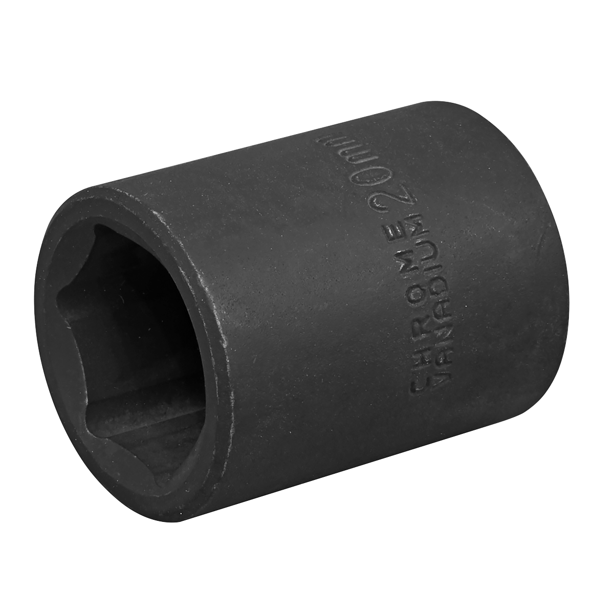 A Sealey impact socket, type IS1220, featuring a black, cylindrical design with "CHROME VANADIUM 20mm" engraved on its side, perfect for use with air impact wrenches by Premier Hand Tools.