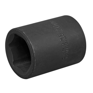 A Sealey impact socket, type IS1220, featuring a black, cylindrical design with "CHROME VANADIUM 20mm" engraved on its side, perfect for use with air impact wrenches by Premier Hand Tools.