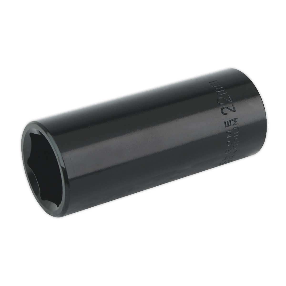 The Impact Socket 22mm Deep 1/2"Sq Drive (IS1222D) by Sealey, crafted from Chrome Vanadium and featuring engraved lettering that indicates the size "22MM," exemplifies Sealey's commitment to quality.