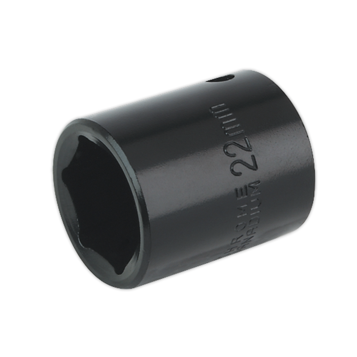 The Impact Socket 22mm 1/2"Sq Drive - IS1222 by Sealey, a black chrome vanadium socket with a six-point design, is ideal for use with air impact wrenches and is part of their premium range.