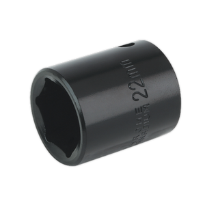 The Impact Socket 22mm 1/2"Sq Drive - IS1222 by Sealey, a black chrome vanadium socket with a six-point design, is ideal for use with air impact wrenches and is part of their premium range.