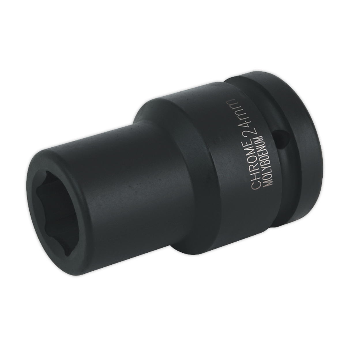 The Sealey Impact Socket 24mm Deep 1"Sq Drive - IS124D is a black, chrome molybdenum tool with a hexagonal opening and cylindrical shape, ideal for use with air impact wrenches.