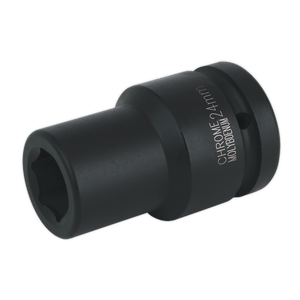 The Sealey Impact Socket 24mm Deep 1"Sq Drive - IS124D is a black, chrome molybdenum tool with a hexagonal opening and cylindrical shape, ideal for use with air impact wrenches.