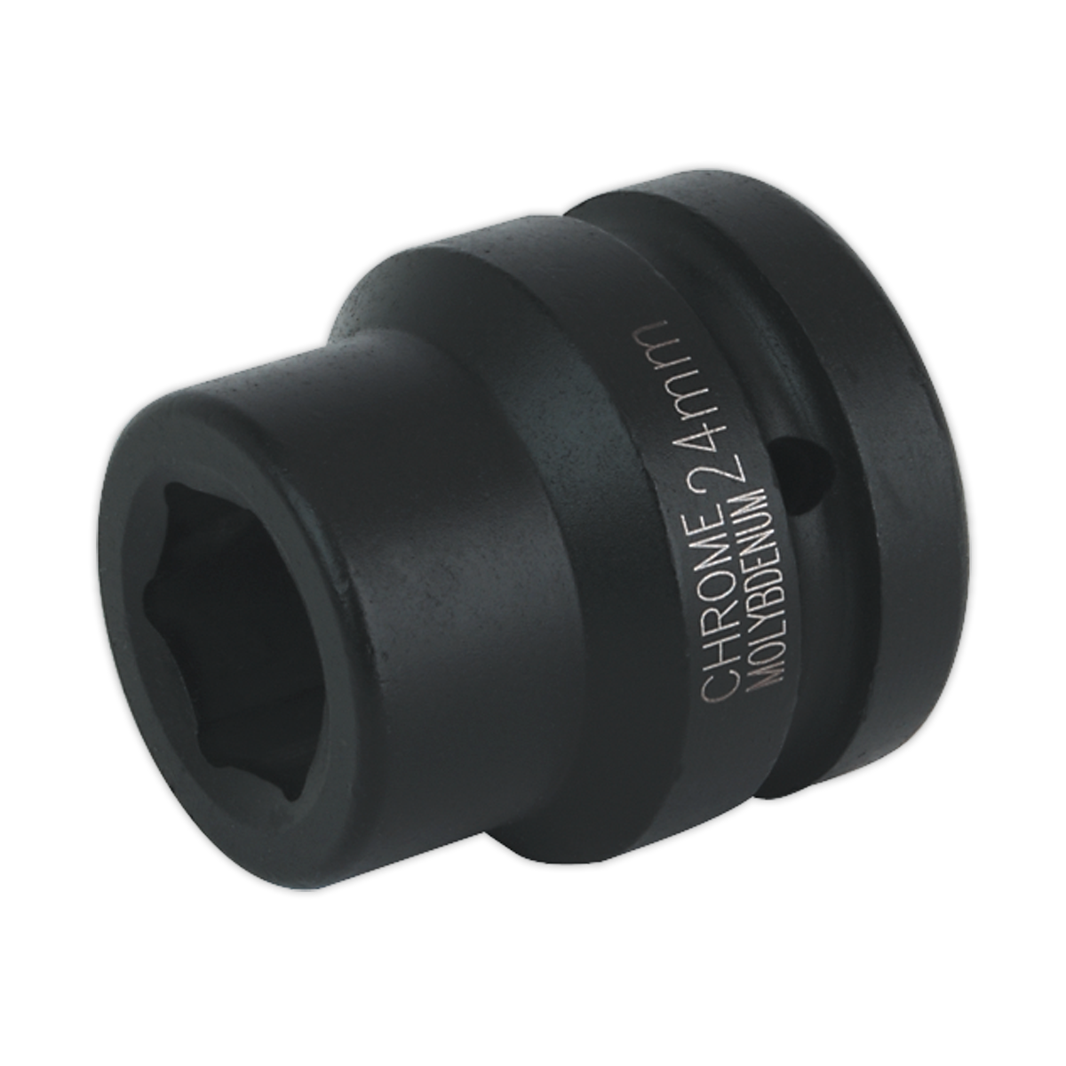 The Sealey Impact Socket 24mm 1"Sq Drive - IS124, renowned for its corrosion resistance, is used for tightening or loosening nuts and bolts.