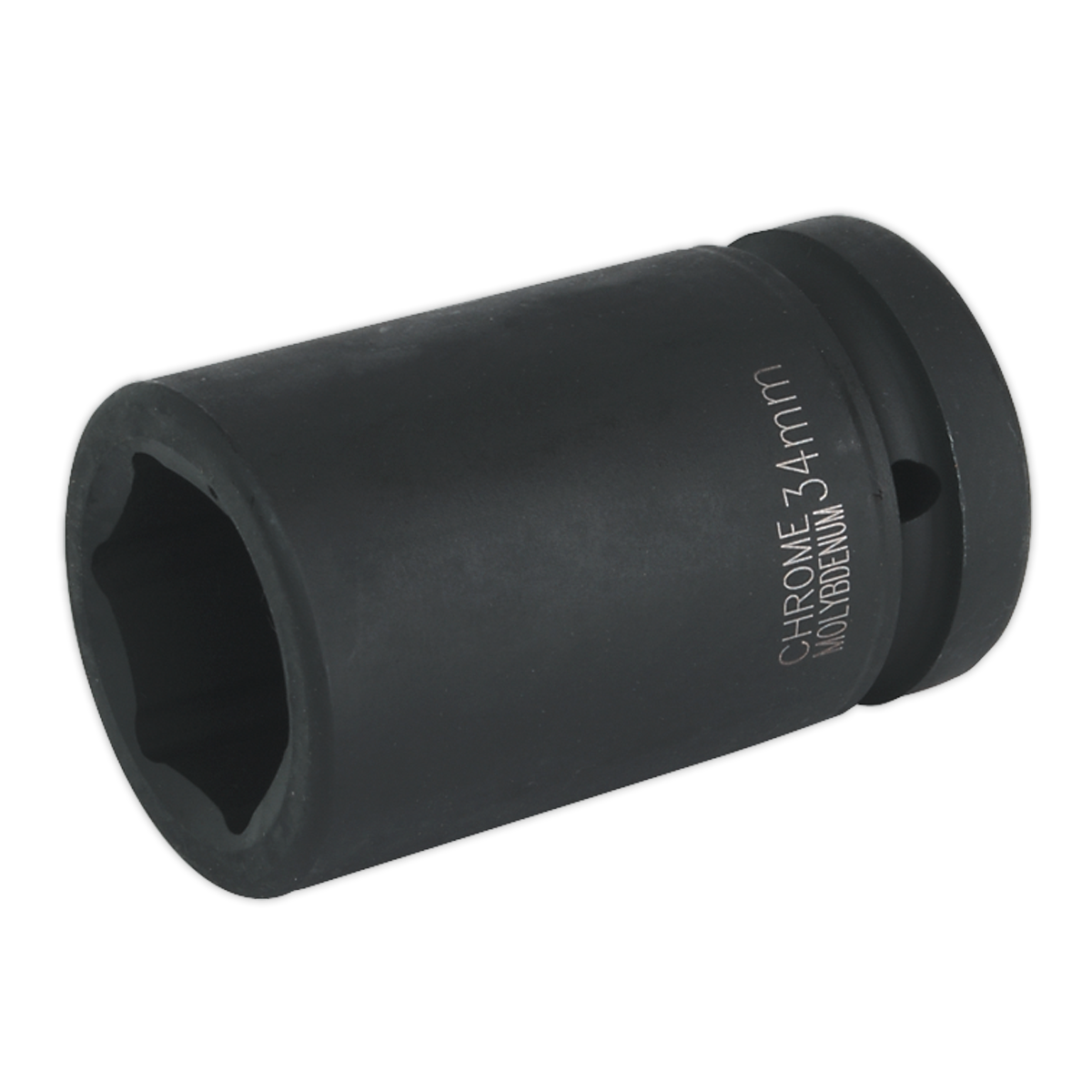 The Sealey Impact Socket 34mm Deep 1" Square Drive - IS134D is a black chrome molybdenum socket featuring a six-point opening, optimized for air impact wrenches as part of the Premier Hand Tools collection.