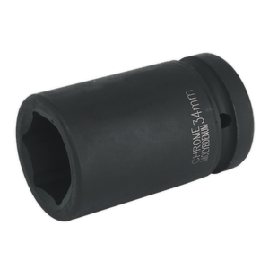 The Sealey Impact Socket 34mm Deep 1" Square Drive - IS134D is a black chrome molybdenum socket featuring a six-point opening, optimized for air impact wrenches as part of the Premier Hand Tools collection.