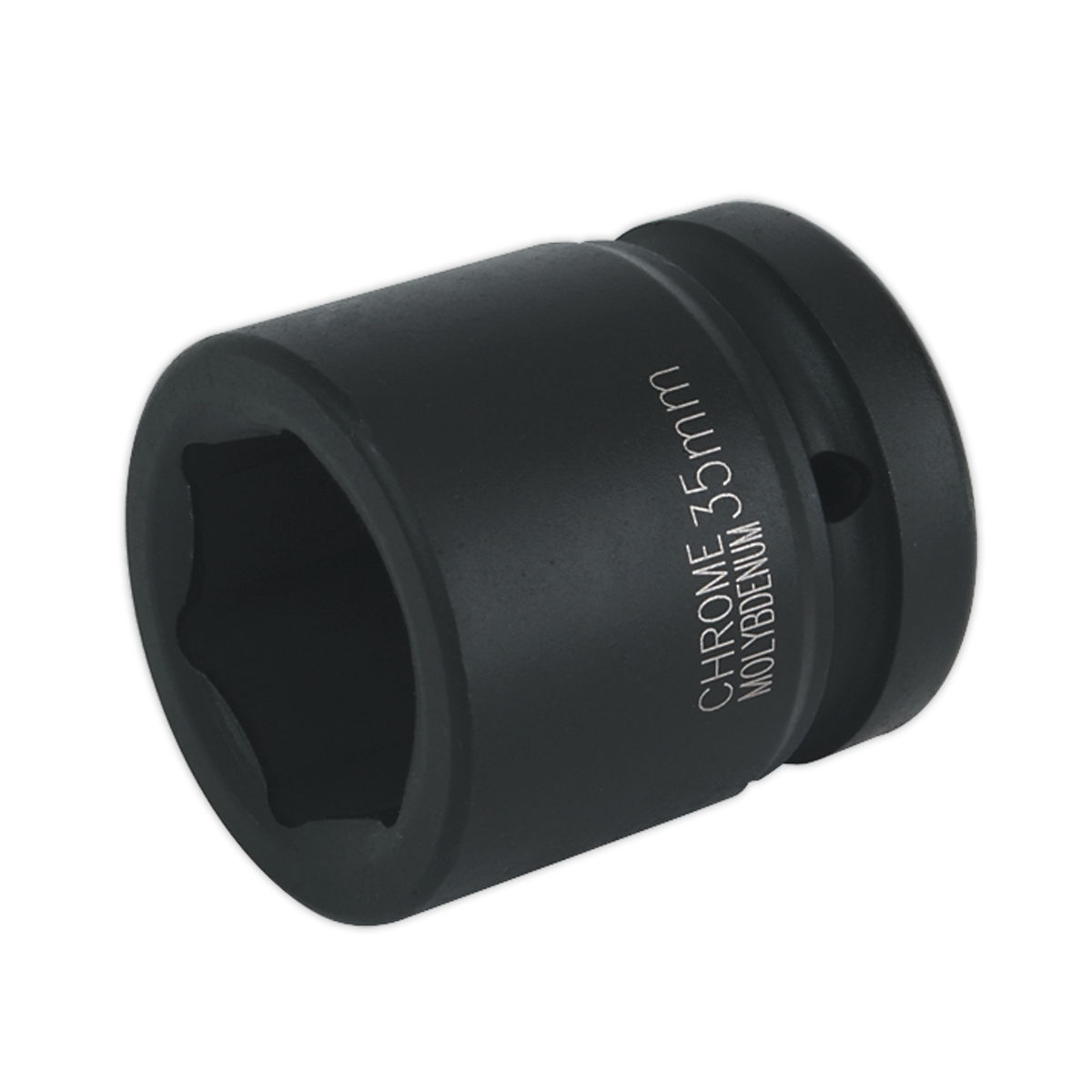 The Sealey Impact Socket 35mm 1"Sq Drive - IS135, made from chrome molybdenum with a black finish, is ideal for use with air impact wrenches when tightening or loosening large nuts and bolts.