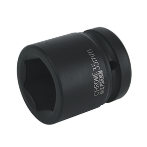 The Sealey Impact Socket 35mm 1"Sq Drive - IS135, made from chrome molybdenum with a black finish, is ideal for use with air impact wrenches when tightening or loosening large nuts and bolts.