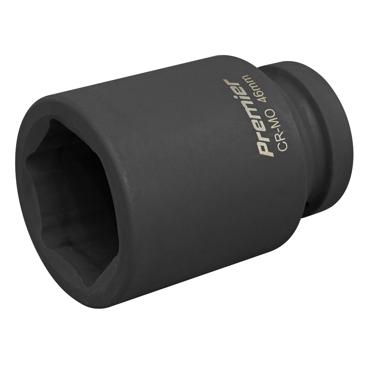 A black Sealey Impact Socket 46mm Deep 1"Sq Drive - IS146D, ideal for hand tools or air impact wrenches, with "Premier CR-MO 46mm" printed on the side.