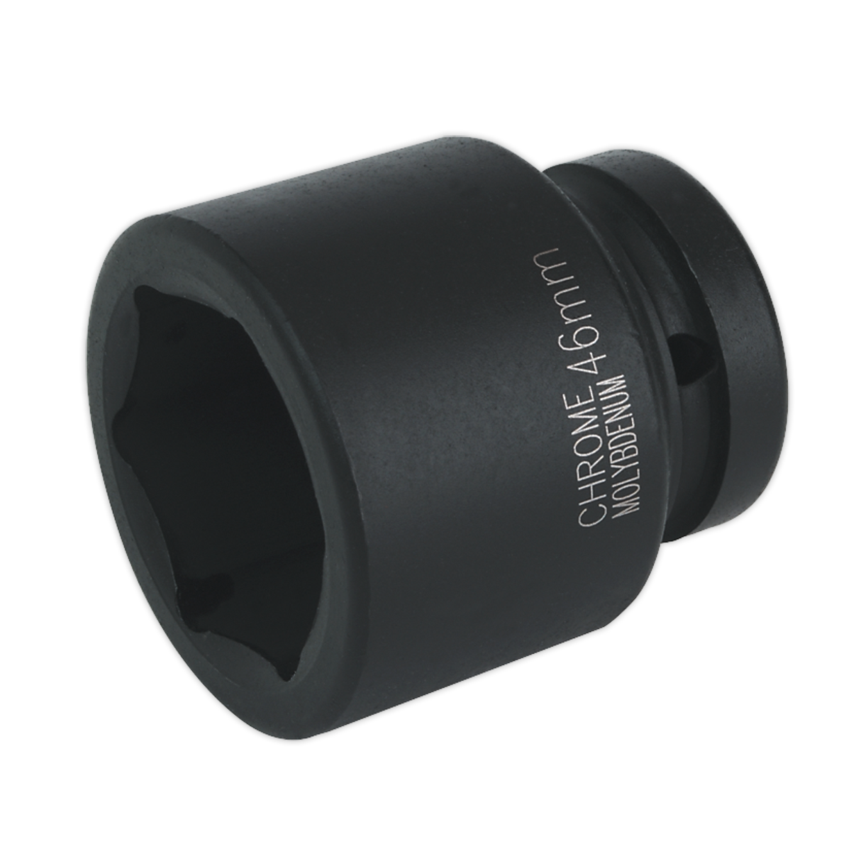 A black 46mm Impact Socket 1"Sq Drive (IS146) by Sealey, made from chrome molybdenum with a hexagonal opening, designed for use with Premier Hand Tools and air impact wrenches, essential for tightening or loosening nuts and bolts.