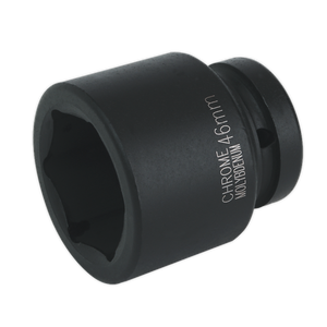 A black 46mm Impact Socket 1"Sq Drive (IS146) by Sealey, made from chrome molybdenum with a hexagonal opening, designed for use with Premier Hand Tools and air impact wrenches, essential for tightening or loosening nuts and bolts.