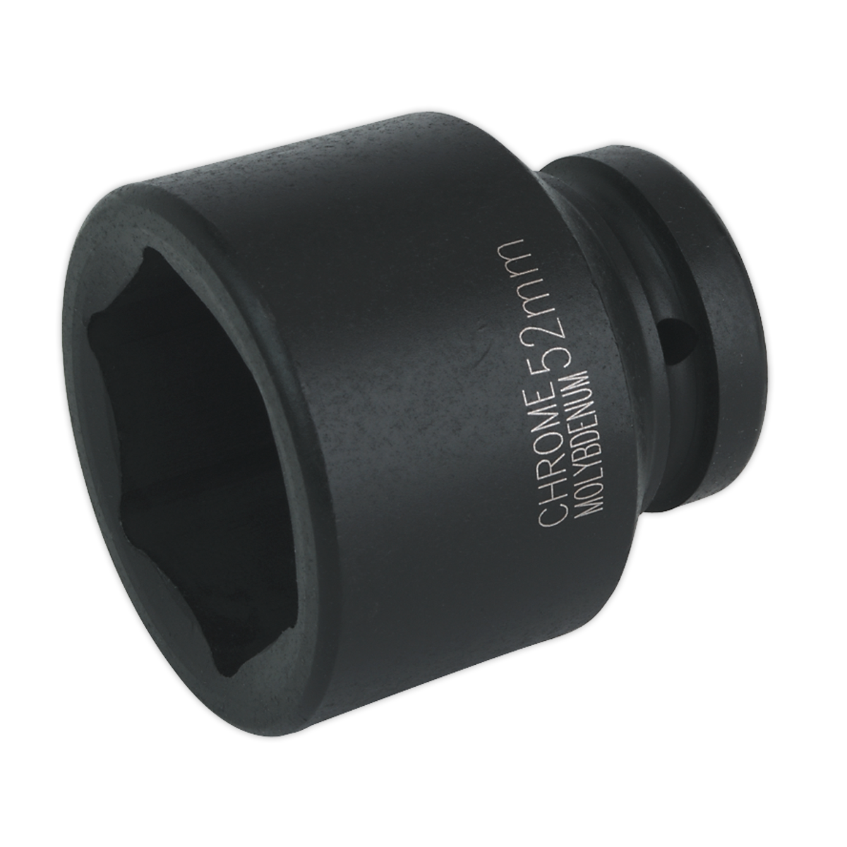 As a premier hand tool, the Sealey Impact Socket 52mm 1"Sq Drive - IS152 features a black, cylindrical design with a hexagonal opening and is perfect for use with air impact wrenches.