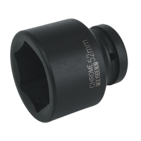 As a premier hand tool, the Sealey Impact Socket 52mm 1"Sq Drive - IS152 features a black, cylindrical design with a hexagonal opening and is perfect for use with air impact wrenches.