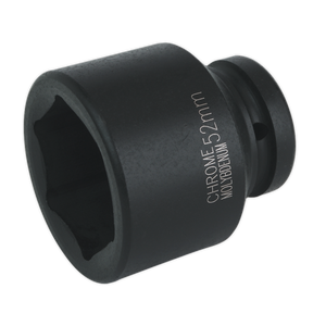 As a premier hand tool, the Sealey Impact Socket 52mm 1"Sq Drive - IS152 features a black, cylindrical design with a hexagonal opening and is perfect for use with air impact wrenches.