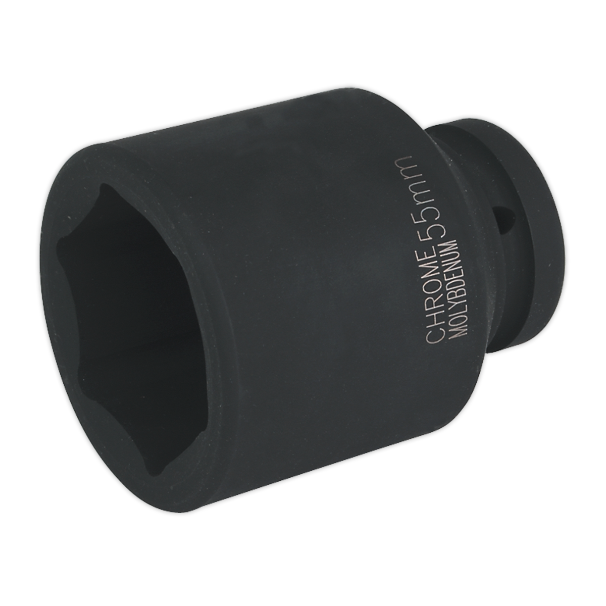 A Sealey Impact Socket 55mm Deep 1" Sq Drive - IS155D, crafted from chrome molybdenum with a sleek black finish, is designed for use with air impact wrenches and clearly labeled "CHROME 55mm MOLYBDENUM.