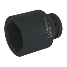 A Sealey Impact Socket 55mm Deep 1" Sq Drive - IS155D, crafted from chrome molybdenum with a sleek black finish, is designed for use with air impact wrenches and clearly labeled "CHROME 55mm MOLYBDENUM.