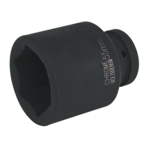 A Sealey Impact Socket 55mm Deep 1" Sq Drive - IS155D, crafted from chrome molybdenum with a sleek black finish, is designed for use with air impact wrenches and clearly labeled "CHROME 55mm MOLYBDENUM.