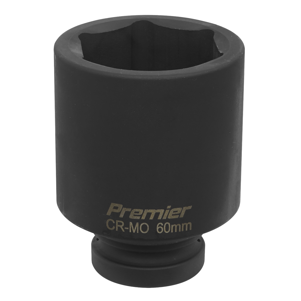 A Sealey Impact Socket 60mm Deep 1"Sq Drive - IS160D, a black CR-MO deep impact socket, perfect for use with air impact wrenches.