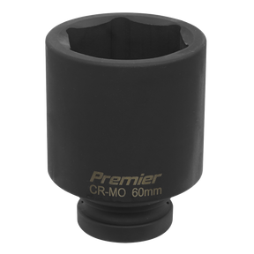 A Sealey Impact Socket 60mm Deep 1"Sq Drive - IS160D, a black CR-MO deep impact socket, perfect for use with air impact wrenches.
