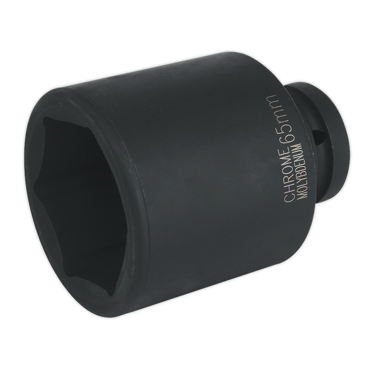 The Sealey Impact Socket 65mm Deep 1"Sq Drive - IS165D is a black chrome socket designed for nuts and bolts, featuring a hexagonal opening and an inscription indicating its size. Ideal for use with air impact wrenches or other hand tools, it ensures a precise fit for efficient work.