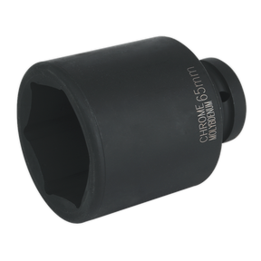 The Sealey Impact Socket 65mm Deep 1"Sq Drive - IS165D is a black chrome socket designed for nuts and bolts, featuring a hexagonal opening and an inscription indicating its size. Ideal for use with air impact wrenches or other hand tools, it ensures a precise fit for efficient work.