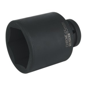 The Sealey Impact Socket 65mm Deep 1"Sq Drive - IS165D is a black chrome socket designed for nuts and bolts, featuring a hexagonal opening and an inscription indicating its size. Ideal for use with air impact wrenches or other hand tools, it ensures a precise fit for efficient work.