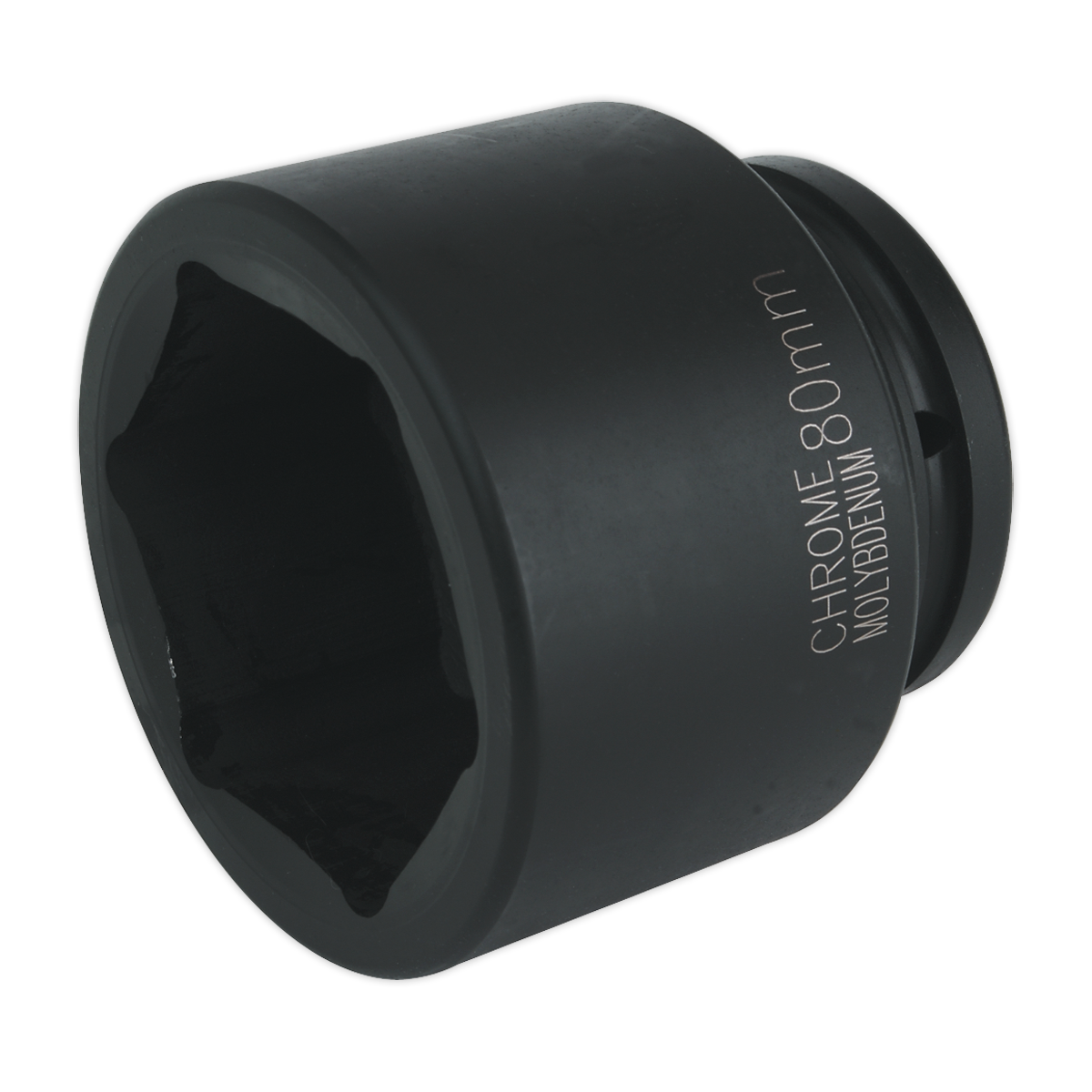 A black chrome molybdenum Impact Socket 80mm 1"Sq Drive (IS180) with "CHROME MOLYBDENUM" and "80mm" inscribed on its side, compatible with air impact wrenches, crafted by Sealey.