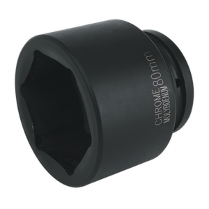 A black chrome molybdenum Impact Socket 80mm 1"Sq Drive (IS180) with "CHROME MOLYBDENUM" and "80mm" inscribed on its side, compatible with air impact wrenches, crafted by Sealey.