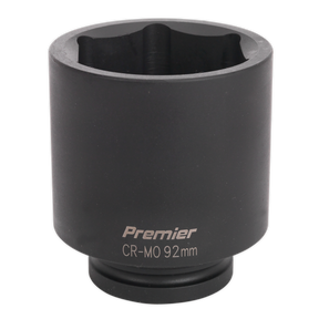 Close-up of a black Sealey Impact Socket 92mm Deep 1"Sq Drive - IS192D with "Premier CR-MO 92mm" inscribed on the side, perfect for professional hand tools and air impact wrenches.