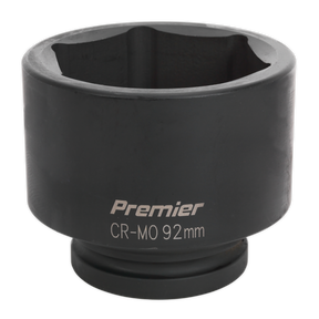 A black metal impact socket with the brand name "Sealey" and the specifications "Impact Socket 92mm 1\"Sq Drive - IS192" engraved on its surface, ideal for use with air impact wrenches.