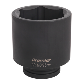 A black, cylindrical impact socket labeled "Sealey Impact Socket 95mm Deep 1"Sq Drive - IS195D," used for mechanical and automotive applications, compatible with air impact wrenches.