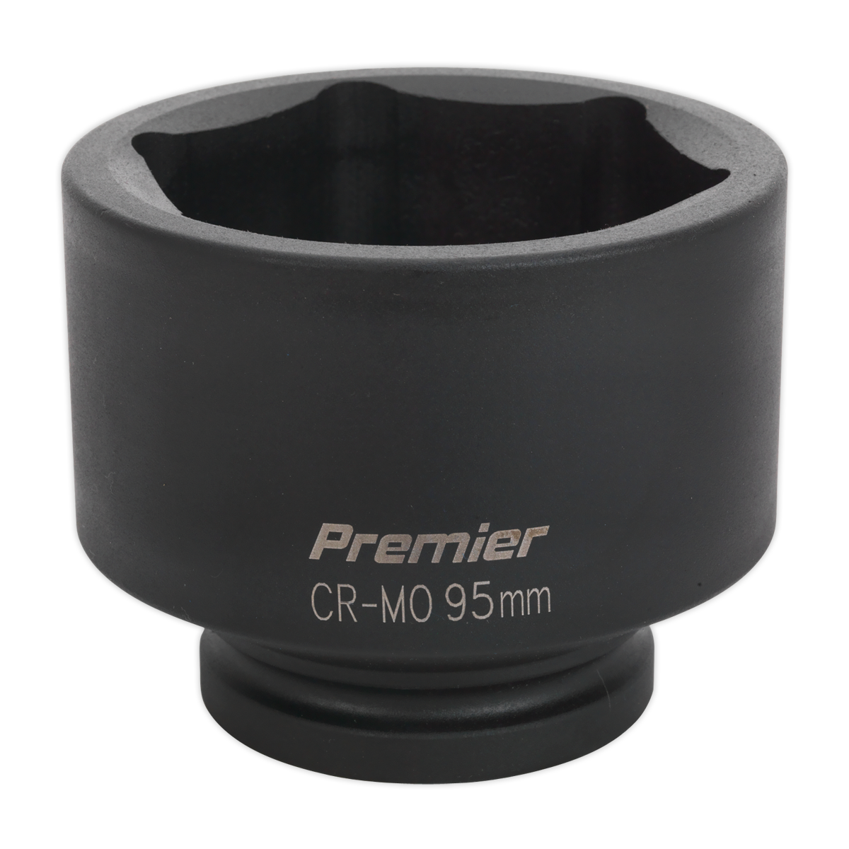 A black, cylindrical Sealey impact socket with the text "Premier CR-MO 95mm" printed on it and a 1" square drive, perfect for use with air impact wrenches. The product name is Impact Socket 95mm - IS195.