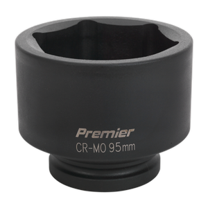 A black, cylindrical Sealey impact socket with the text "Premier CR-MO 95mm" printed on it and a 1" square drive, perfect for use with air impact wrenches. The product name is Impact Socket 95mm - IS195.