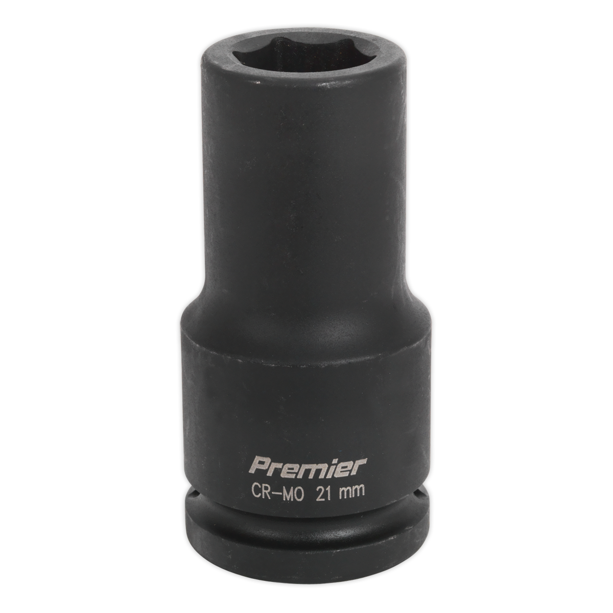 A Sealey Impact Socket 21mm Deep 3/4"Sq Drive - IS3421D, featuring a black cylindrical design with "Premier CR-MO 21 mm" engraved on it, is ideal for air impact wrenches.