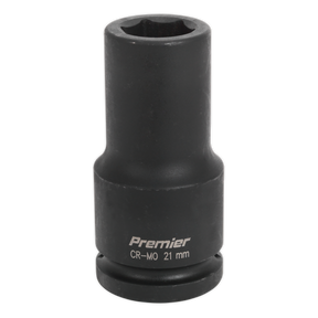 A Sealey Impact Socket 21mm Deep 3/4"Sq Drive - IS3421D, featuring a black cylindrical design with "Premier CR-MO 21 mm" engraved on it, is ideal for air impact wrenches.