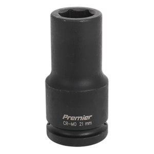 A Sealey Impact Socket 21mm Deep 3/4"Sq Drive - IS3421D, featuring a black cylindrical design with "Premier CR-MO 21 mm" engraved on it, is ideal for air impact wrenches.