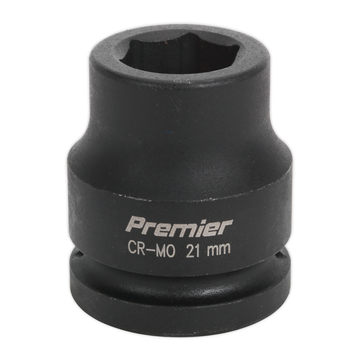 A black 21mm CR-MO impact socket, branded as Sealey's "Impact Socket 21mm 3/4"Sq Drive - IS3421," is perfect for use with air impact wrenches.