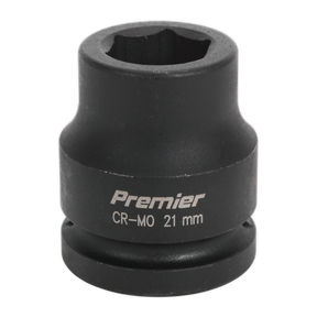 A black 21mm CR-MO impact socket, branded as Sealey's "Impact Socket 21mm 3/4"Sq Drive - IS3421," is perfect for use with air impact wrenches.